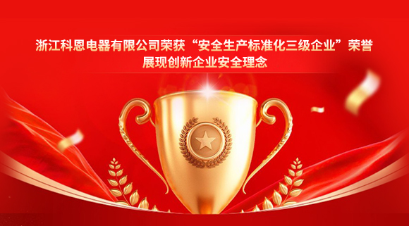 浙江科恩電器有限公司榮獲“安全生產(chǎn)標(biāo)準(zhǔn)化三級(jí)企業(yè)”榮譽(yù)，展現(xiàn)創(chuàng)新企業(yè)安全理念！